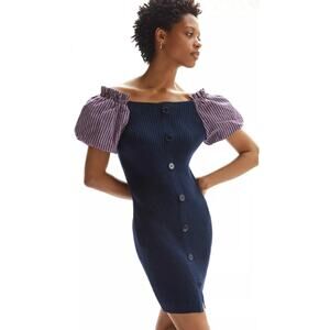 Anthropologie Maeve Gingham Off Shoulder Mini Dress Puff-Sleeved